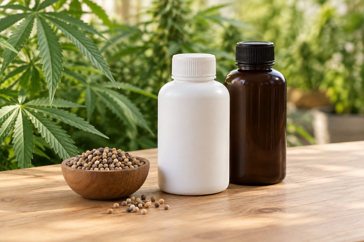 Envases genéricos de fertilizantes y un cuenco de gránulos sobre una mesa de madera con follaje verde al fondo.